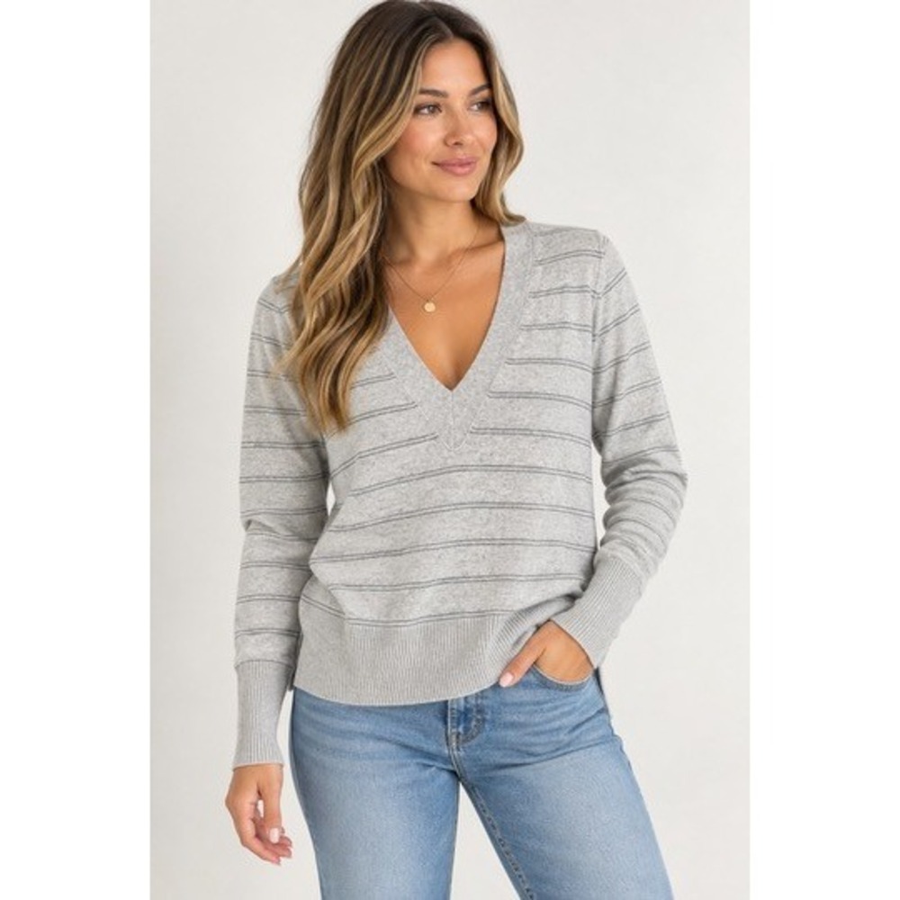 Banana Republic Silk Cotton Cashmere V-Neck Striped Sweater Grey Medium
